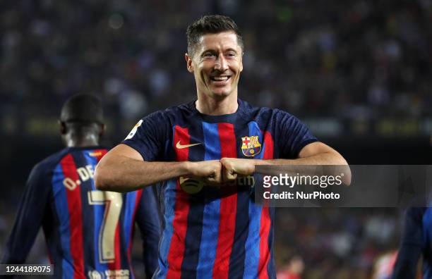 Robert Lewandowski goal celebration during the match between FC Barcelona and Athletic Club, corresponding to the week 11 of the Liga Santander,...