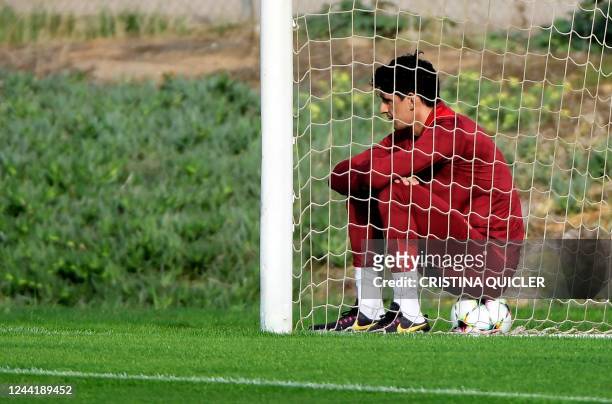 Sevilla's Moroccan goalkeeper Yassine Bounou "Bono" looks on during a training session at the Ciudad Deportiva in Seville on October 24 ahead of...