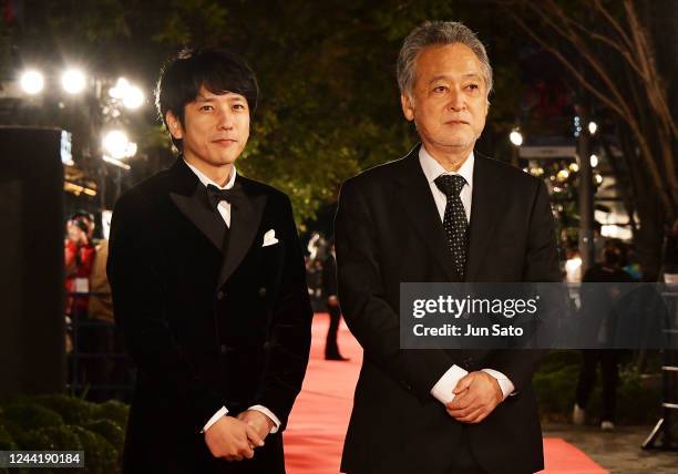 Actor Kazunari Ninomiya and director Zeze Takahisa arrive at the 2022 Tokyo International Film Festival at the Hibiya Step Square on October 24, 2022...