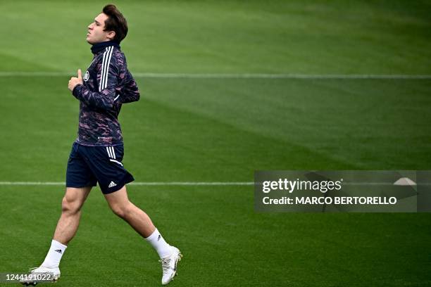 Juventus' Italian forward Federico Chiesa takes part in a training session at JTC Continassa in Turin on October 24 on the eve of their UEFA...