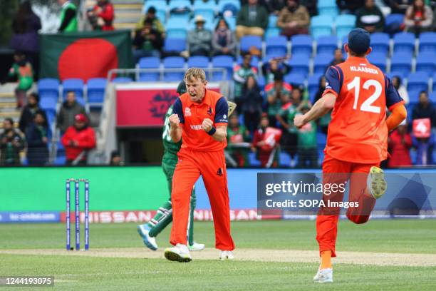 Netherlands cricket player Logan Van Beek reacts during the T20 World Cup cricket match between Netherlands and Bangladesh at Blundstone Arena....