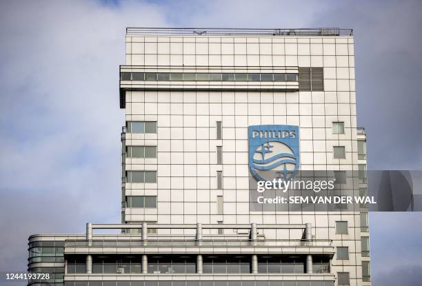 Photo shows the logo on the facade of the headquarters of Dutch medical and consumer electronics manufacturer Philips in Amsterdam on October 23,...