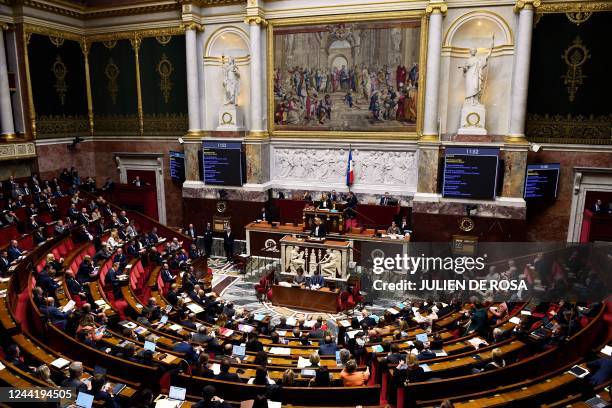 French far-right party Rassemblement National parliamentary group leader Marine Le Pen speaks during a debate after two votes of no confidence where...