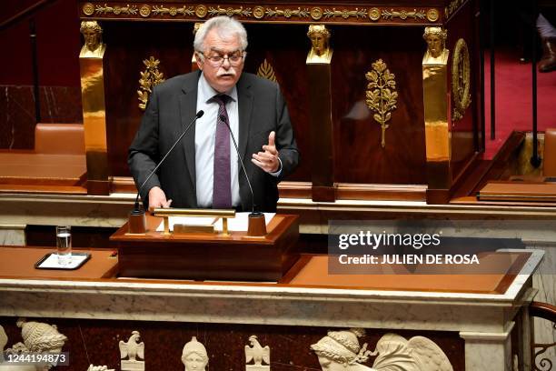 The president of the Communist parliamentary group at the National Assembly Andre Chassaigne addresses deputies during a debate prior to two votes of...