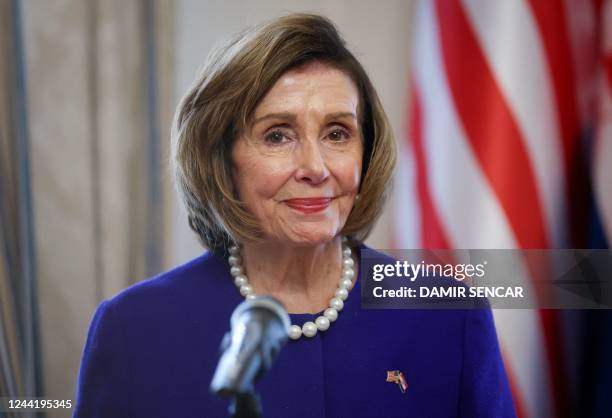 Speaker of the House Nancy Pelosi speaks during a press conference with Croatian Parliament Speaker, in Zagreb, on October 24, 2022. - Pelosi came to...