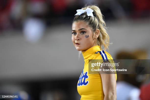 Pittsburgh Panthers cheerleader looks on during the college football game between the Pittsburgh Panthers and the Louisville Cardinals on October 22...