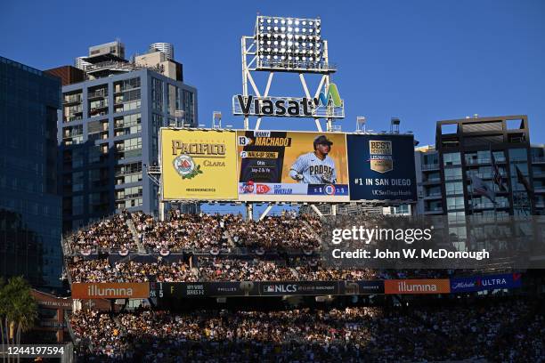 Playoffs: A general view of the stadium and jumbotron as San Diego Padres Manny Machado in action, walks to the plate vs Philadelphia Phillies at...