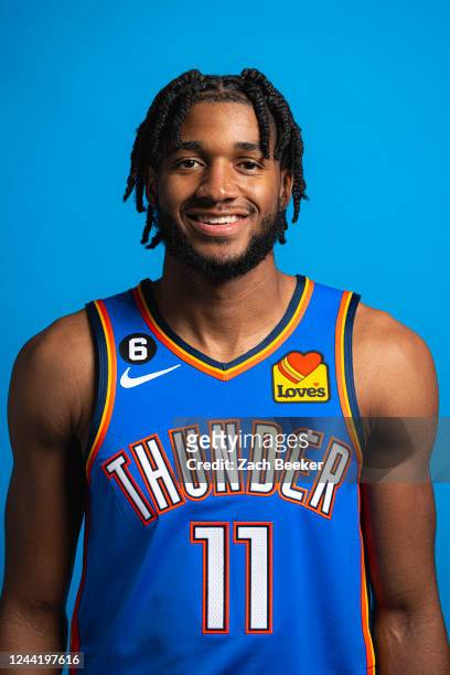 Isaiah Joe of the Oklahoma City Thunder poses for a head shot during NBA Media Day on October27, 2022 at the Paycom Center in Oklahoma City, OK. NOTE...