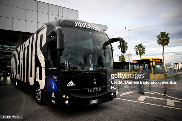 Juventus bus travels to Lisbon on October 24, 2022 in Turin, Italy.