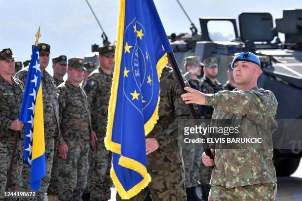 Members of the European Union's military force in Bosnia and Herzegovina stand at attention before an inspection during a riot simulation exercise at...