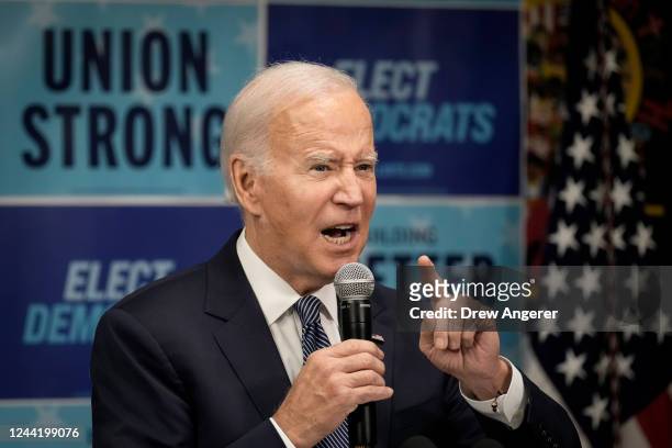 President Joe Biden speaks at the headquarters of the Democratic National Committee October 24, 2022 in Washington, DC. Biden spoke to staff and...