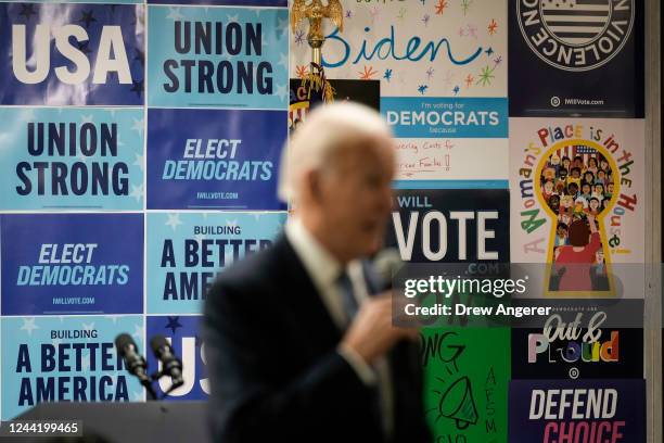 President Joe Biden speaks at the headquarters of the Democratic National Committee October 24, 2022 in Washington, DC. Biden spoke to staff and...