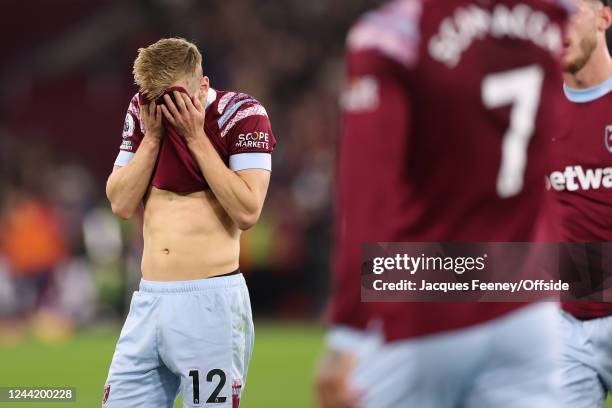 Flynn Downes of West Ham reacts after a missed chance during the Premier League match between West Ham United and AFC Bournemouth at London Stadium...