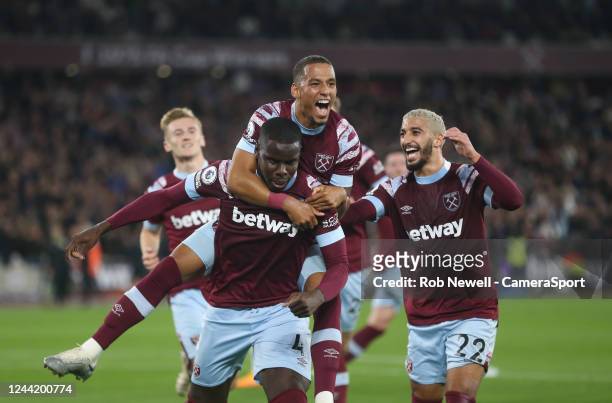 West Ham United's Kurt Zouma celebrates scoring his side's first goal with Thilo Kehrer and Said Benrahma during the Premier League match between...