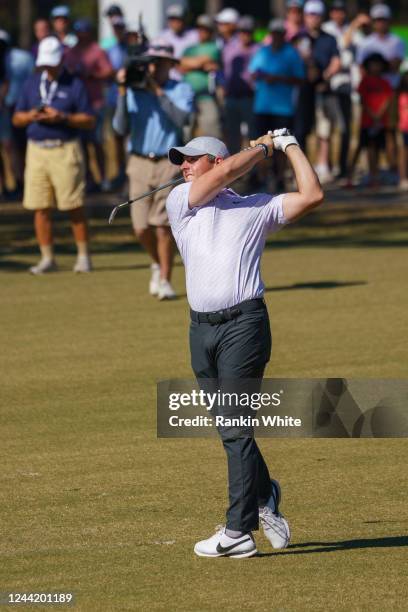 Rory McIlroy plays his shot from the fairway on the eighth hole during the final round of THE CJ CUP in South Carolina at Congaree Golf Club on...