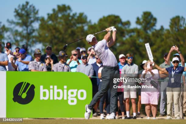 Rory McIlroy plays his shot from the third tee during the final round of THE CJ CUP in South Carolina at Congaree Golf Club on October 23 in...