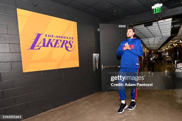 Ivica Zubac of the LA Clippers warms up in the tunnel before the game against the Los Angeles Lakers on October 20, 2022 at Crypto.Com Arena in Los...