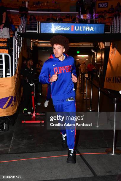 Jason Preston of the LA Clippers walks onto the court before the game against the Los Angeles Lakers on October 20, 2022 at Crypto.Com Arena in Los...