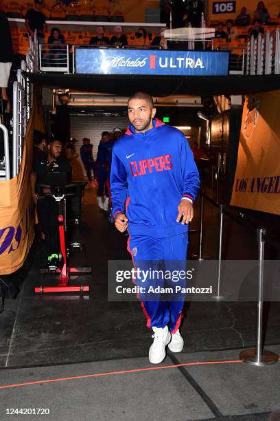 Nicolas Batum of the LA Clippers walks onto the court before the game against the Los Angeles Lakers on October 20, 2022 at Crypto.Com Arena in Los...