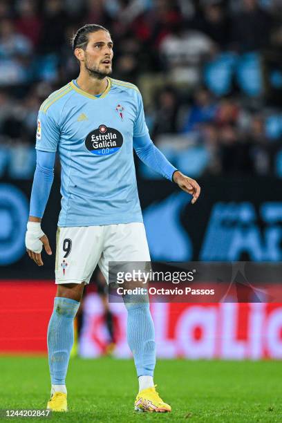 Goncalo Paciencia of RC Celta in action during the LaLiga Santander match between RC Celta and Getafe CF at Estadio Balaidos on October 24, 2022 in...
