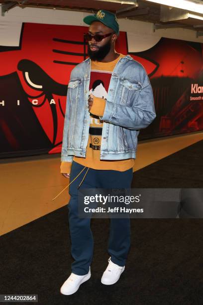 Jaylen Brown of the Boston Celtics arrives to the arena before the game against the Chicago Bulls on October 24, 2022 at United Center in Chicago,...