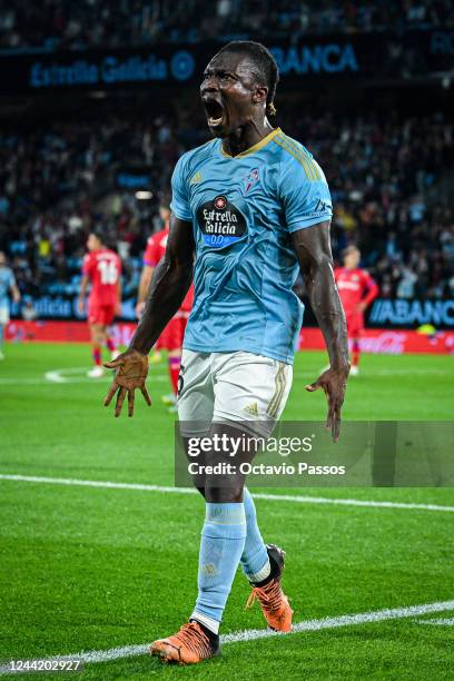 Joseph Aidoo of Celta Vigo celebrates after scoring their side's first goal during the LaLiga Santander match between RC Celta and Getafe CF at...