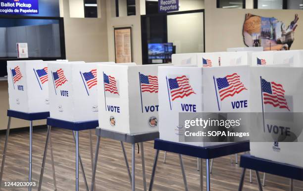 Voting booths are set up at the Orange County Supervisor of Elections Office on the first day of early voting for the 2022 midterm general election...