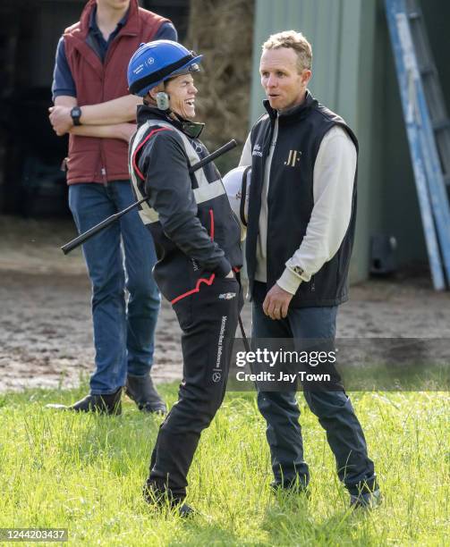 Jockeys Craig Williams and Kerrin McEvoy share a laugh after their rides at trackwork at Werribee Racecourse on October 25, 2022 in Werribee,...