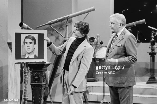 Pictured: Host Johnny Carson and announcer Ed McMahon during the Carl Sagan sketch on October 16, 1981 --