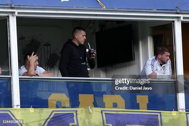 Former player and current vice-president of Boca Juniors Juan Roman Riquelme drinks mate during a match between Boca Juniors and Independiente as...