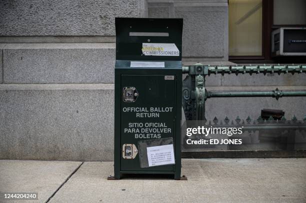 Mail ballot drop box is displayed outside Philadelphia city hall on October 24, 2022. - Philadelphia's 18 secure mail ballot drop boxes, positioned...