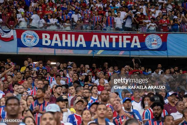 Supporters of Bahia cheer for their team during the Brazil's Second Division Football Championship match between Bahia and Operario at the Arena...