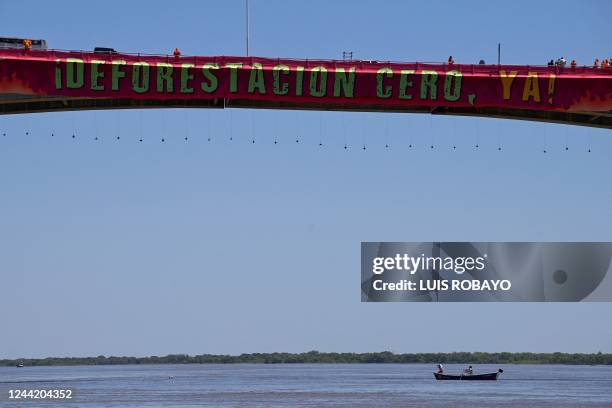 Greenpeace activists protest on the General Manuel Belgrano bridge, which connects the cities of Corrientes and Resistencia, in Argentina, on October...