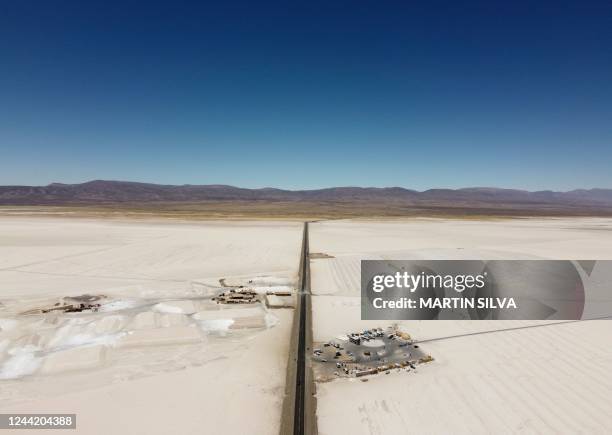 Aerial view of a salt mining site and a parking area in the Salinas Grandes salt flat in the northern province of Jujuy, Argentina, taken on October...