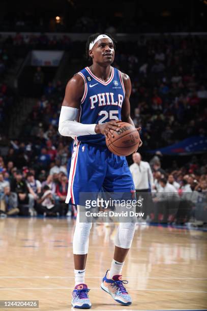 Danuel House Jr. #25 of the Philadelphia 76ers prepares to shoot a free throw during the game against the Indiana Pacers on October 24, 2022 at the...