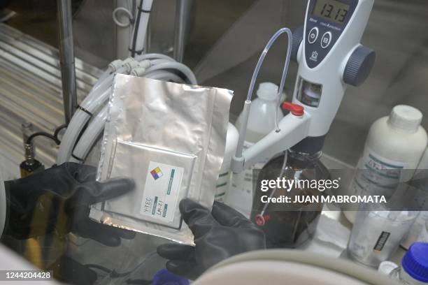 Scientist of Y-TEC handles a lithium cell in Berisso, Buenos Aires province, on October 18, 2022. - With 19 million tons, Argentina is, after...