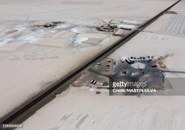 Aerial view of a salt mining site and a parking area in the Salinas Grandes salt flat in the northern province of Jujuy, Argentina, taken on October...
