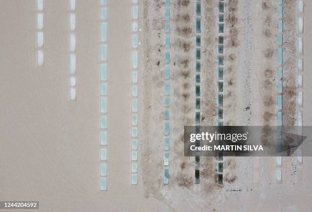 Aerial view of evaporation pools for salt mining in the Salinas Grandes salt flat in the northern province of Jujuy, Argentina, taken on October 18,...