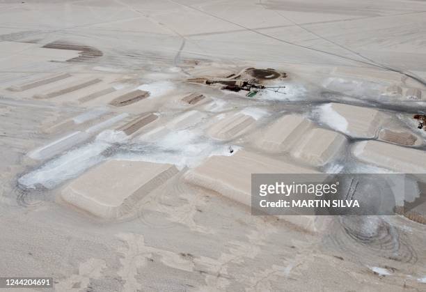 Aerial view of a salt mining site in the Salinas Grandes salt flat in the northern province of Jujuy, Argentina, taken on October 18, 2022. - The...