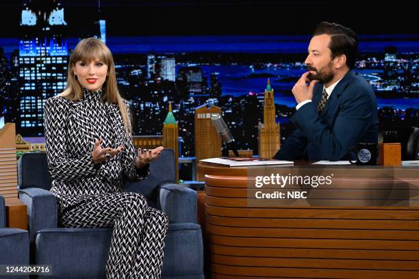 Episode 1731 -- Pictured: Singer-songwriter Taylor Swift during an interview with host Jimmy Fallon on Monday, October 24, 2022 --