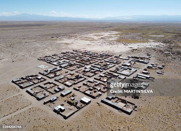 Aerial view of the Kolla indigenous community of Santuario de Tres Pozos in the northern province of Jujuy, Argentina, near the Salinas Grandes salt...