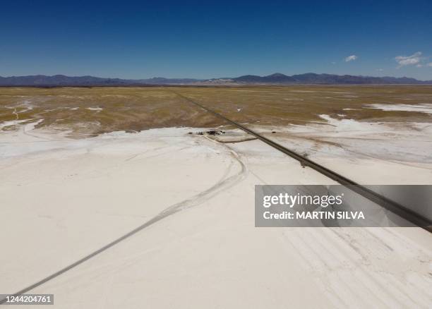 Aerial view of a salt mining site in the Salinas Grandes salt flat in the northern province of Jujuy, Argentina, taken on October 18, 2022. - The...