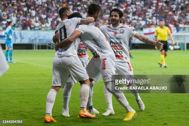 Players of Operario celebrate after scoring against Bahia during Brazil's Second Division Football Championship match at the Arena Fonte Nova stadium...