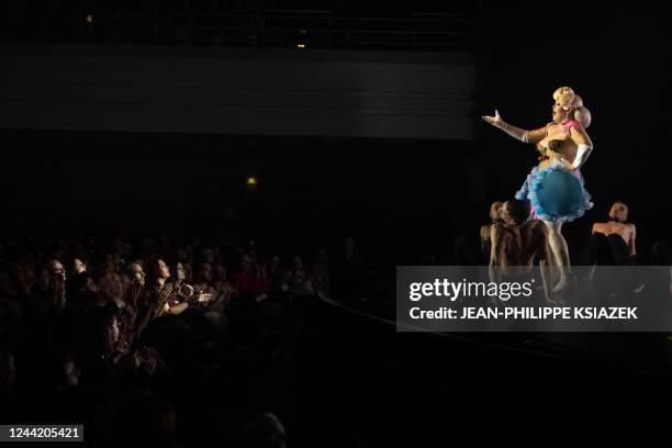 In this photograph taken on October 21, 2022 drag queens from the first season of the "Drag Race France" TV show, perform during an event at the...