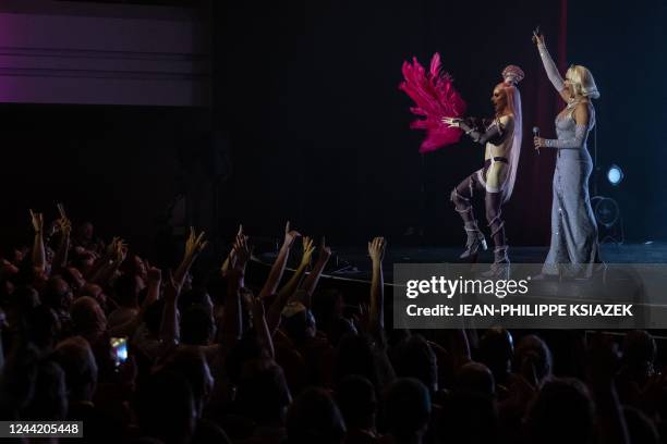 In this photograph taken on October 21, 2022 drag queens from the first season of the "Drag Race France" TV show, perform during an event at the...