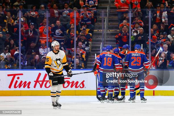 The Oilers celebrate goal in the second period during the Edmonton Oilers game versus the Pittsburg Penguins on October 24, 2022 at Rogers Place in...
