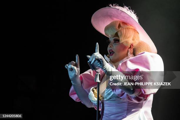 In this photograph taken on October 21, 2022 a drag queen from the first season of the "Drag Race France" TV show, performs during an event at the...