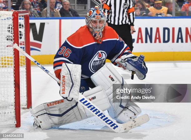 Jack Campbell of the Edmonton Oilers looks on during the game against the Pittsburgh Penguins on October 24, 2022 at Rogers Place in Edmonton,...