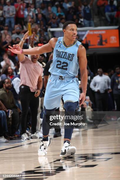 Desmond Bane of the Memphis Grizzlies reacts to a play during the game against the Brooklyn Nets on October 24, 2022 at FedExForum in Memphis,...