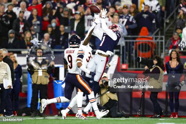 DeVante Parker of the New England Patriots catches a pass during the second quarter of an NFL football game against the Chicago Bears at Gillette...